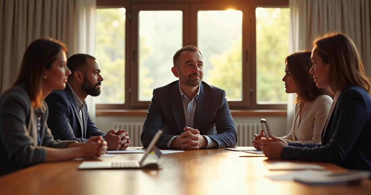 Leader pausing during meeting, team members reflecting