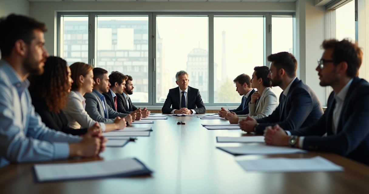 Business meeting with disengaged team members and a silent leader