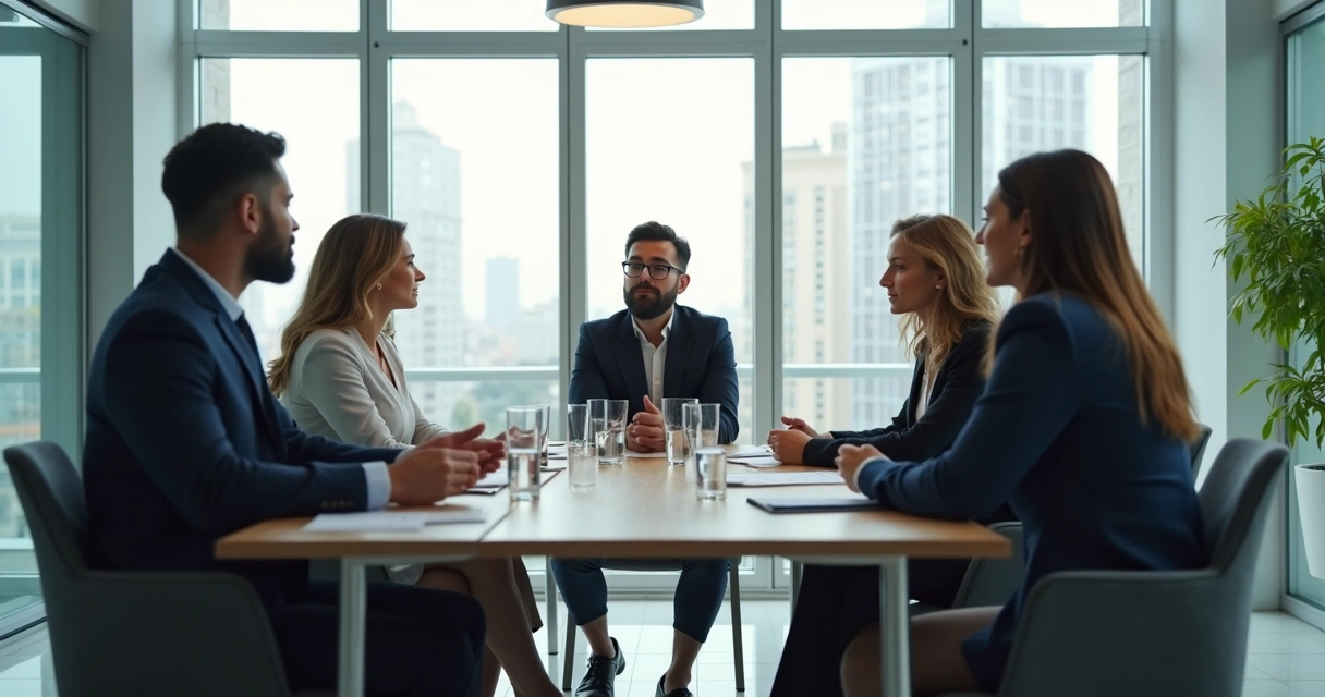 Business team around table discussing with a leader at the center