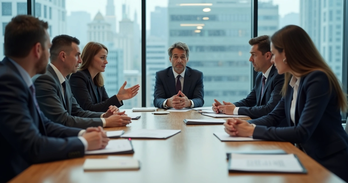 Leadership team in a tense meeting around a conference table 