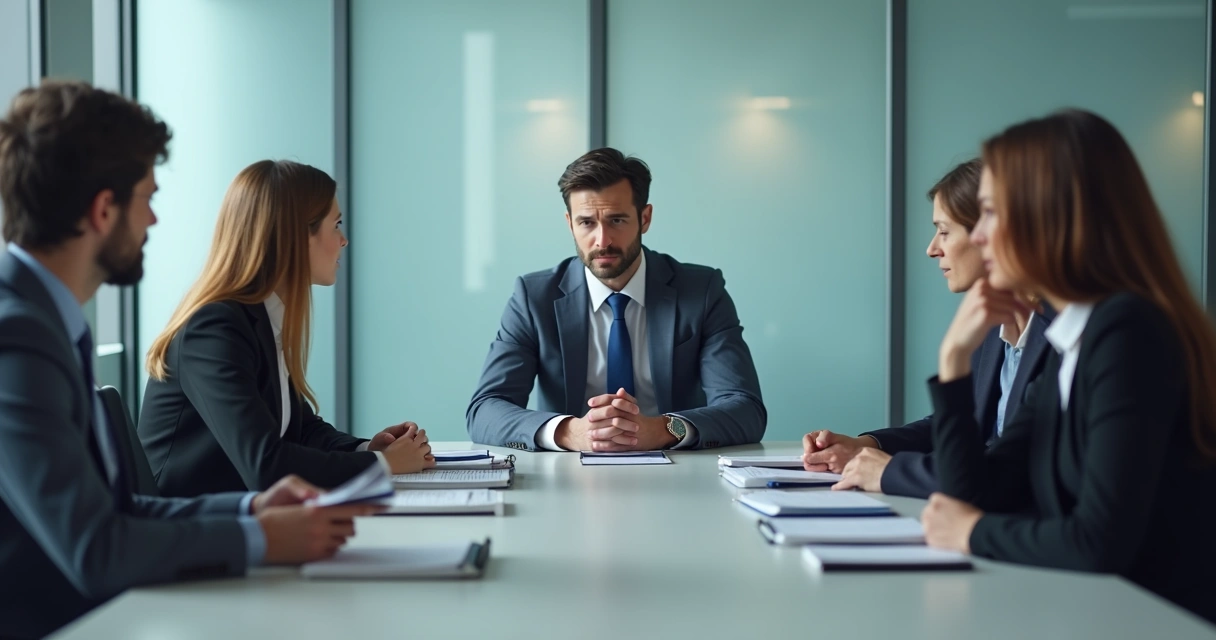 Leader at a meeting table while team members appear tense