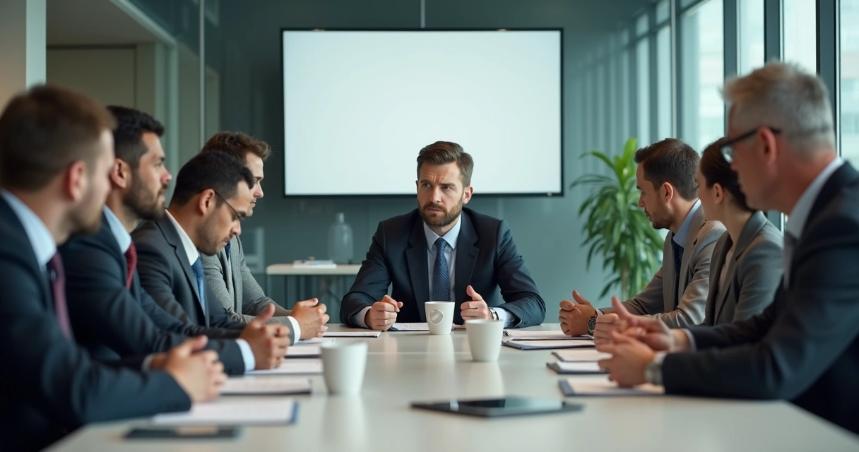 Team meeting with tense body language and one leader speaking