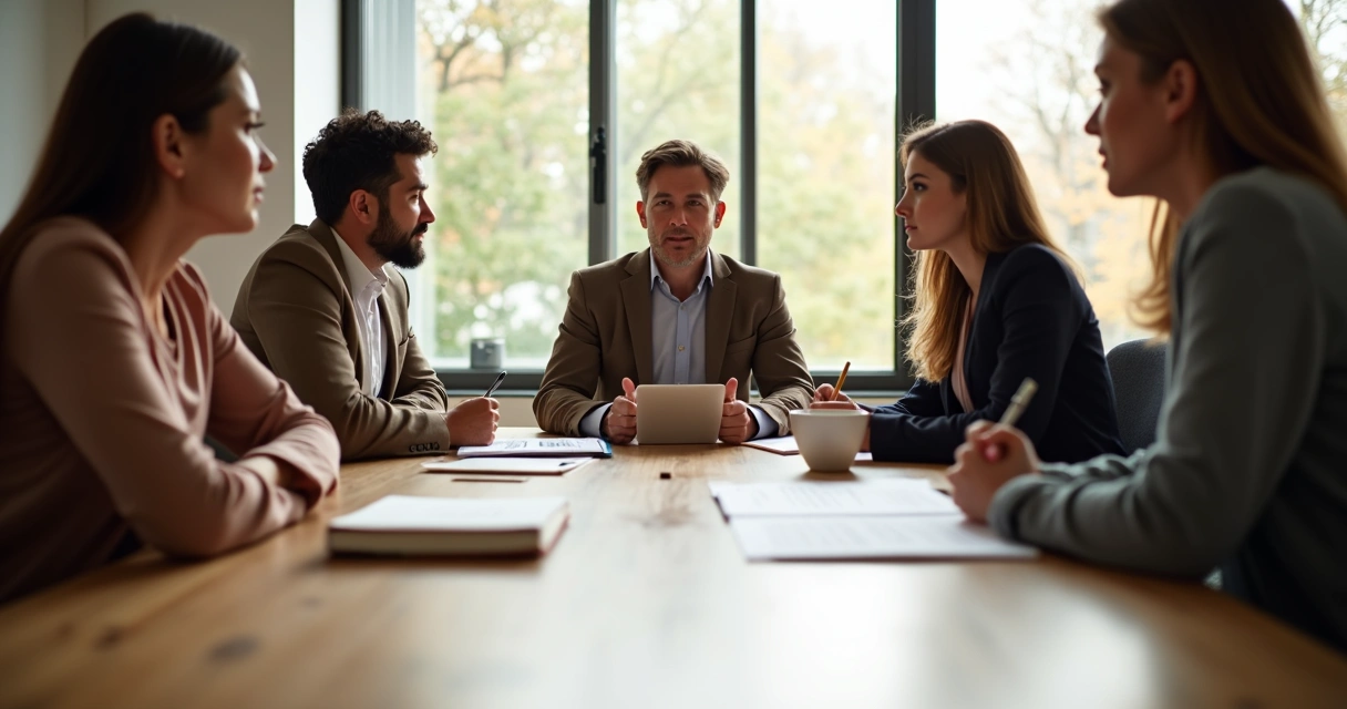 Team in a meeting, leader sharing openly with team members