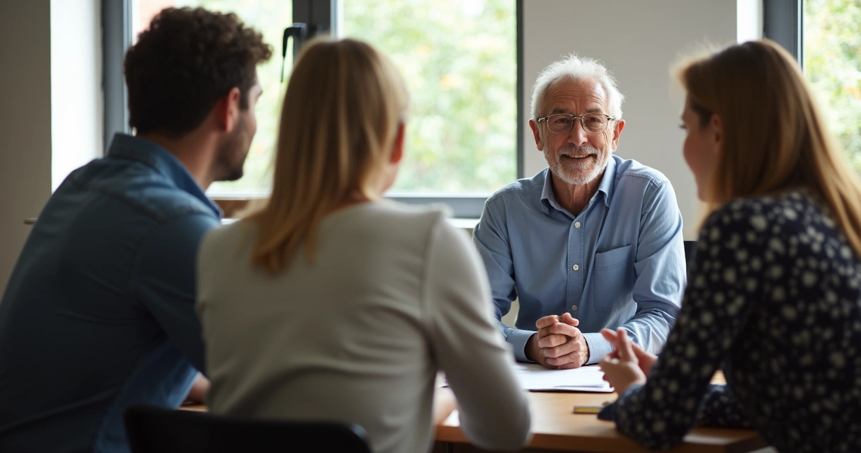 Mentor coaching a small group of employees