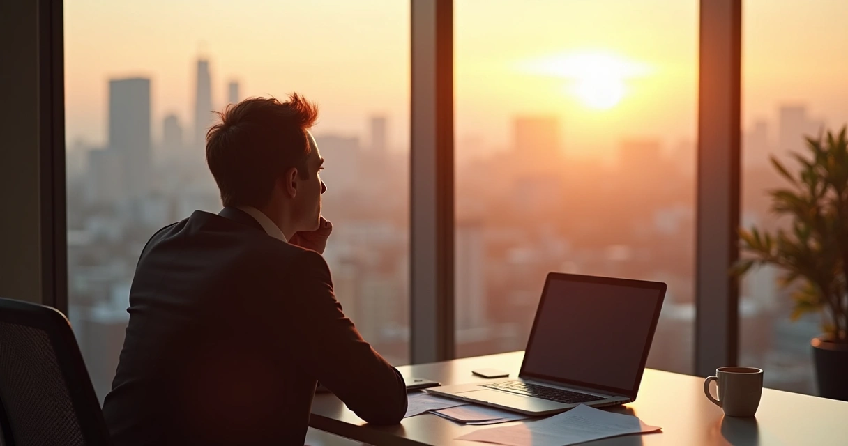Business leader reflecting in office with sunrise through window