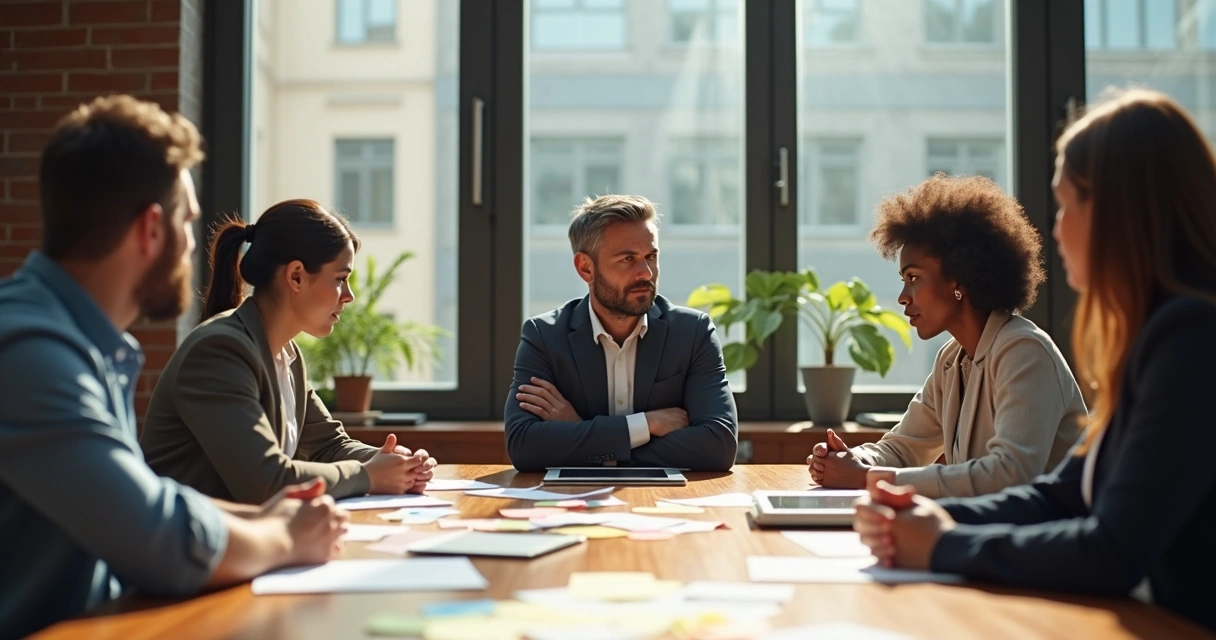 Business team sitting at table with visible tension and leader looking defensive 