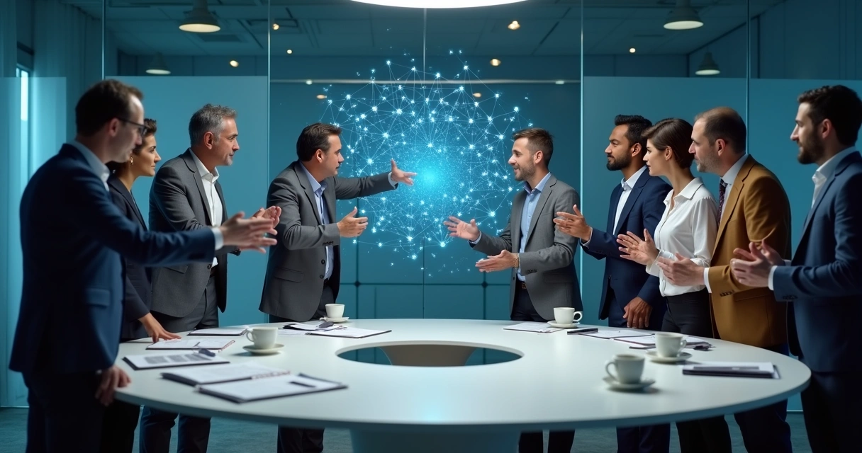 Leaders discussing together around a table with network diagrams in the background 