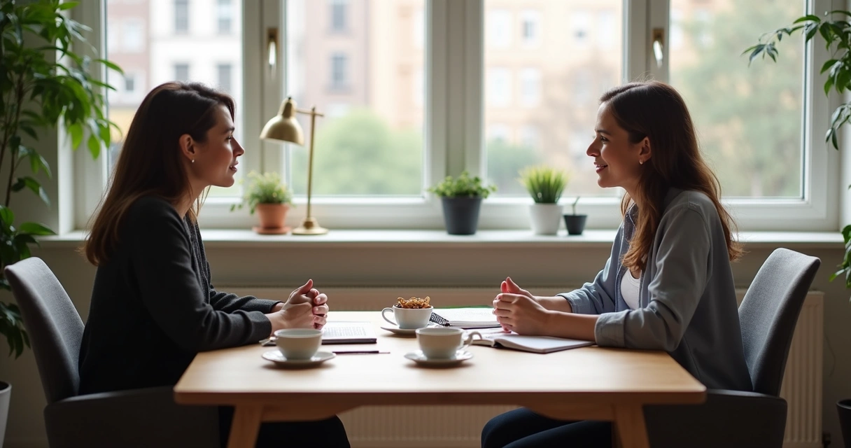 Two leaders having a calm support conversation in office 