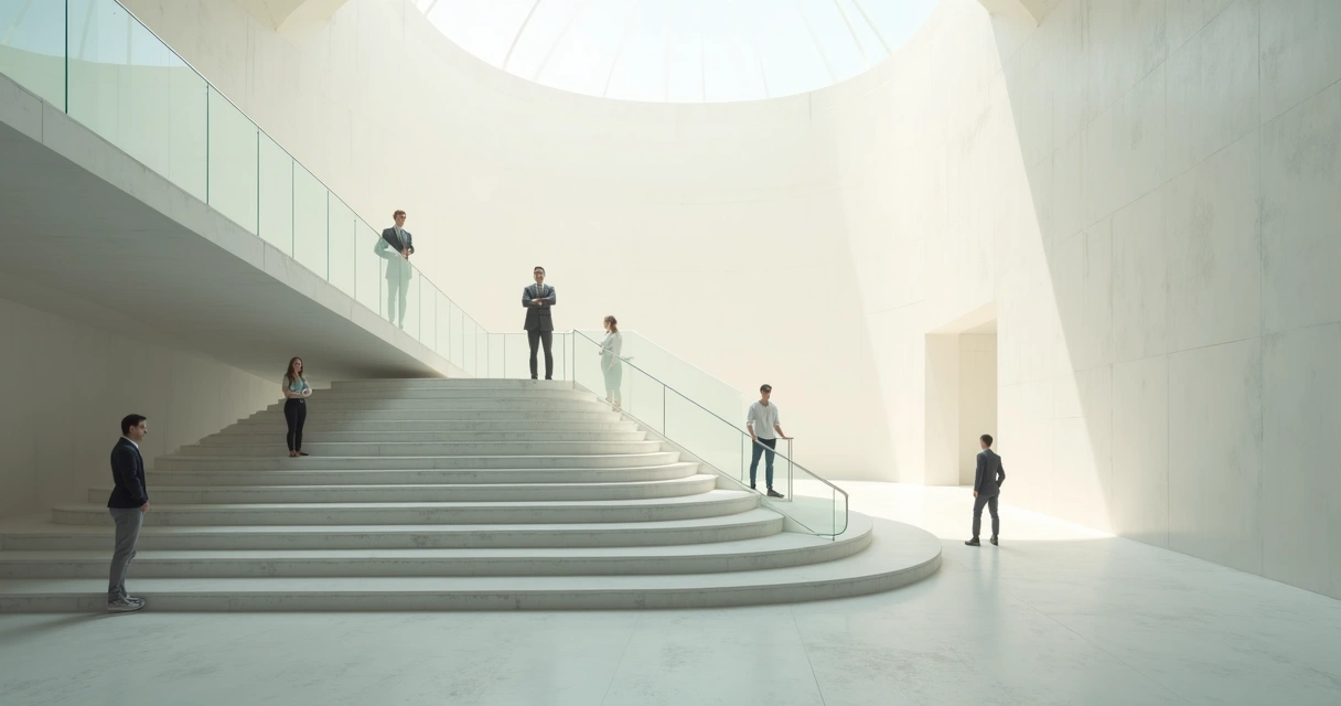Leader on upper platform watching employees spread across uneven staircase levels 