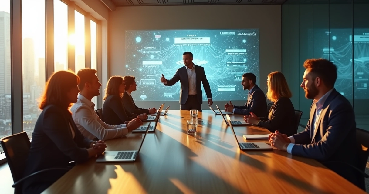 Executives in a glass boardroom with shifting light symbolizing changing power dynamics 