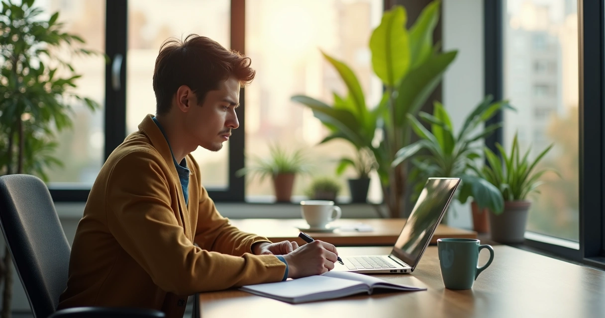 Leader journaling emotions in a modern office as sunlight streams in 