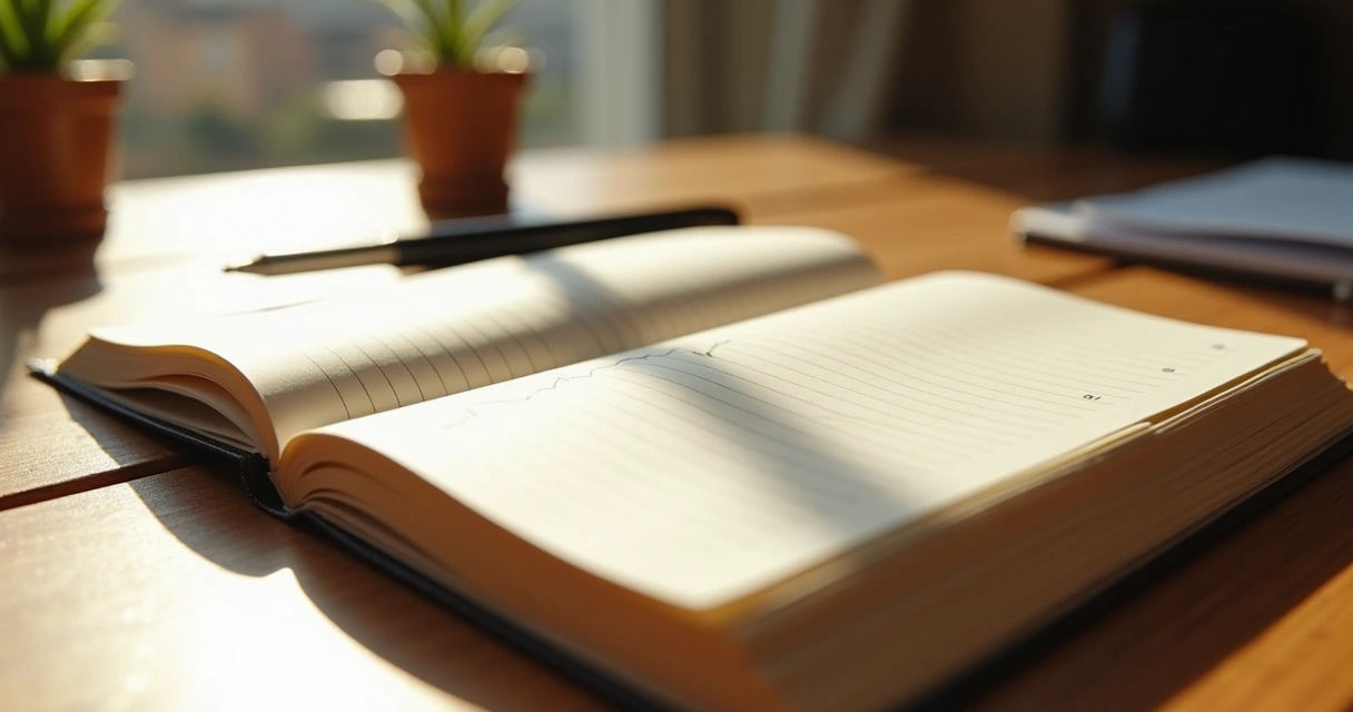 Open journal with reflection checklist beside pen on wooden desk 