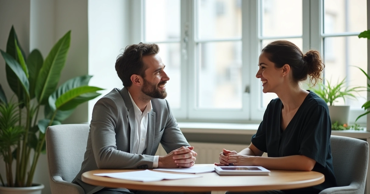 Two leaders discussing self-reflection in bright office 