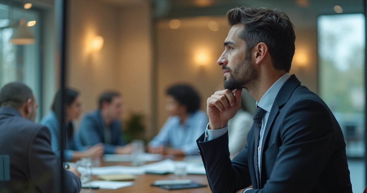 Manager reflecting in office meeting room.