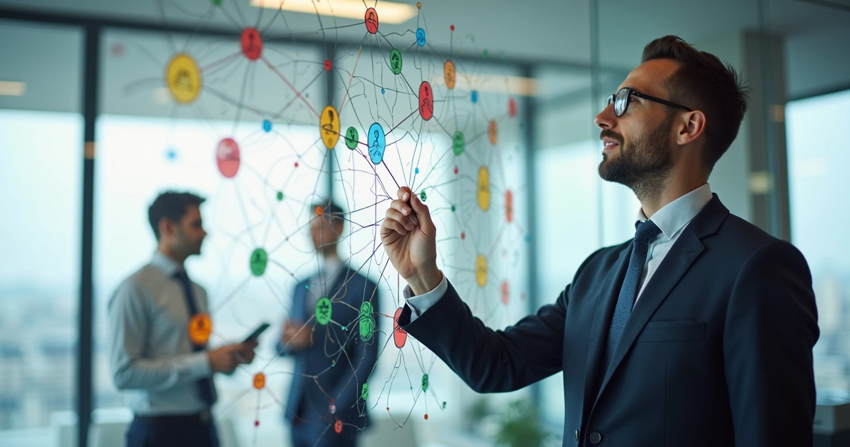 Leader analyzing a mapped diagram of workplace relationships 