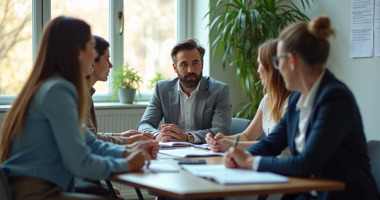 Leader speaking with team members in a calm office discussion