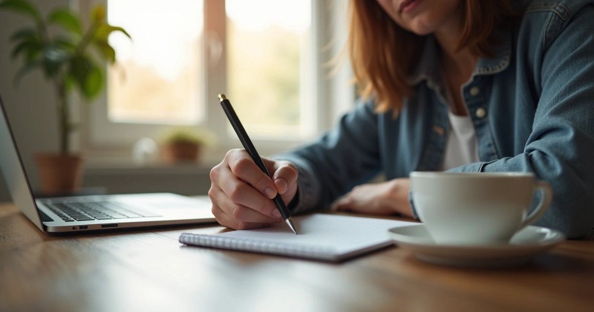 Professional reflecting on leadership notes at a desk 