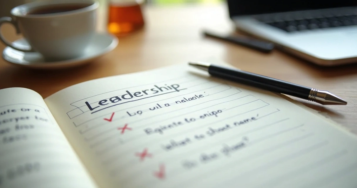 Notebook with leadership reflection questions on a desk 