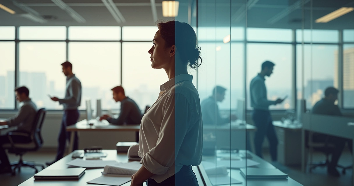 Business person split between confidence and doubt 