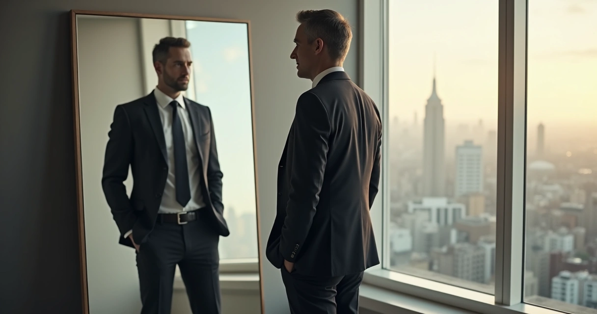 Business leader looking in a mirror, shadow behind reflecting inner struggles, modern office background