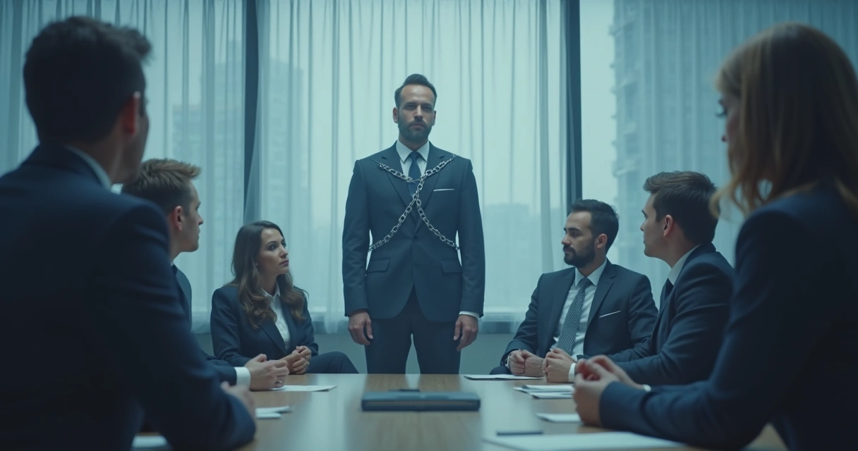 Illustration of leader trapped by invisible chains while team watches 