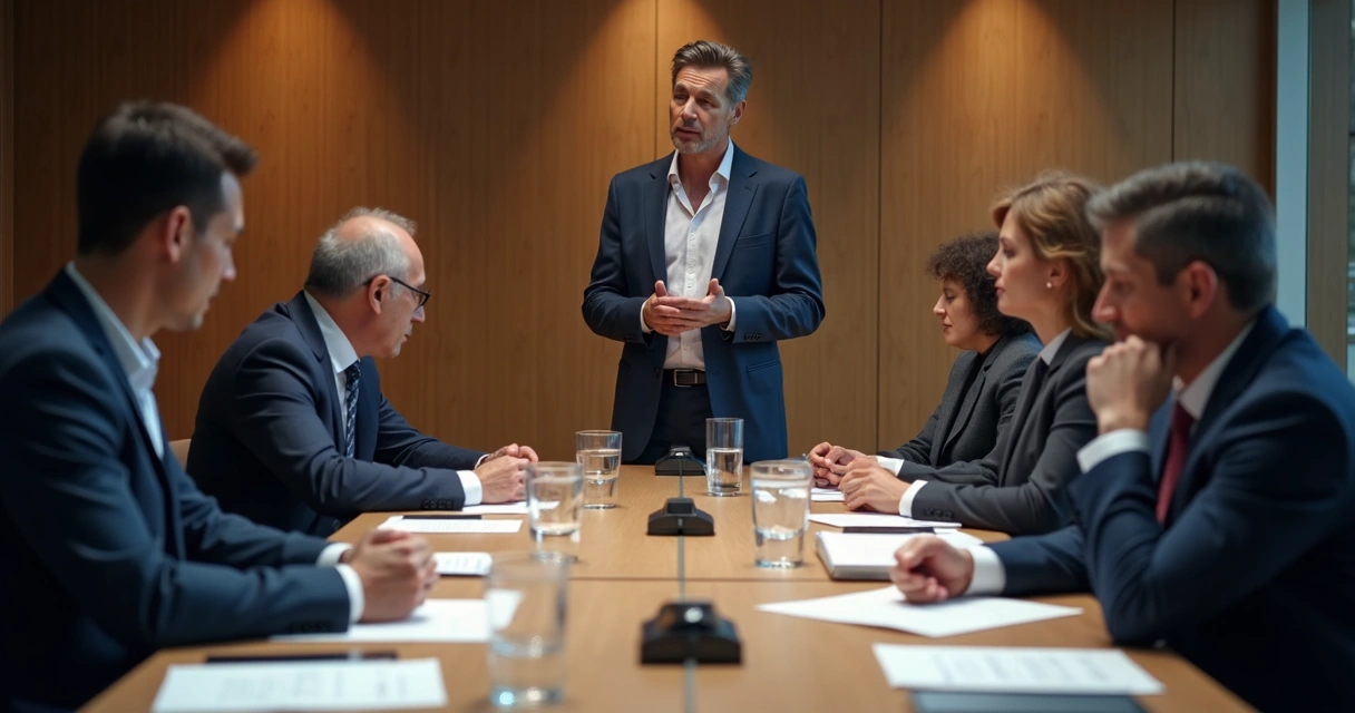 Boardroom with one person speaking, others listening silently, body language suggesting unspoken tension