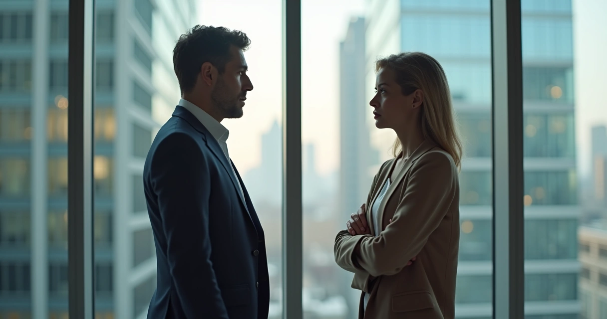 Two colleagues in private discussion by office window