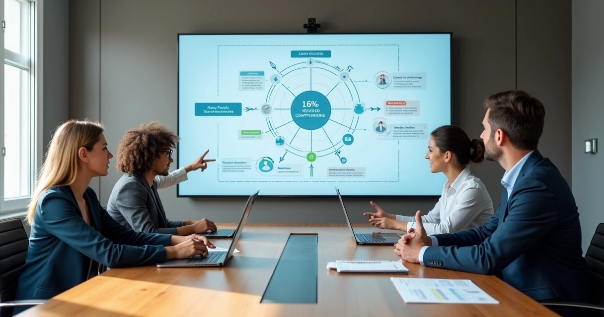 Team reviewing connected system map in a meeting room 