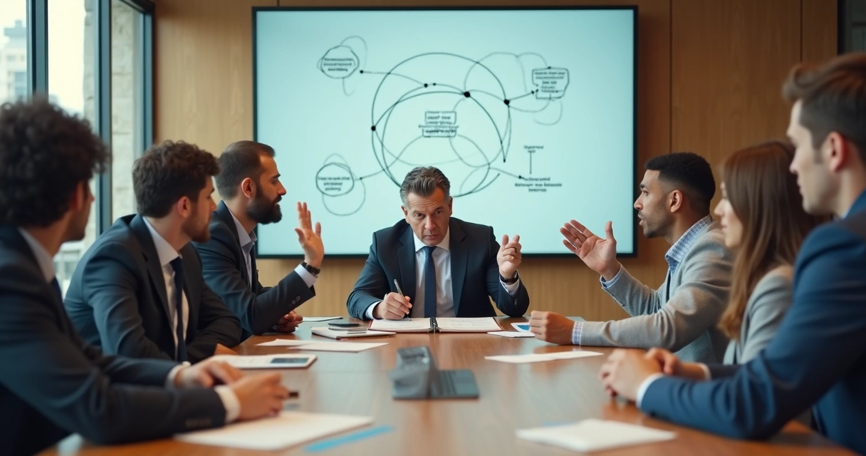 Leadership team in a meeting with one leader calmly interrupting a tense argument 