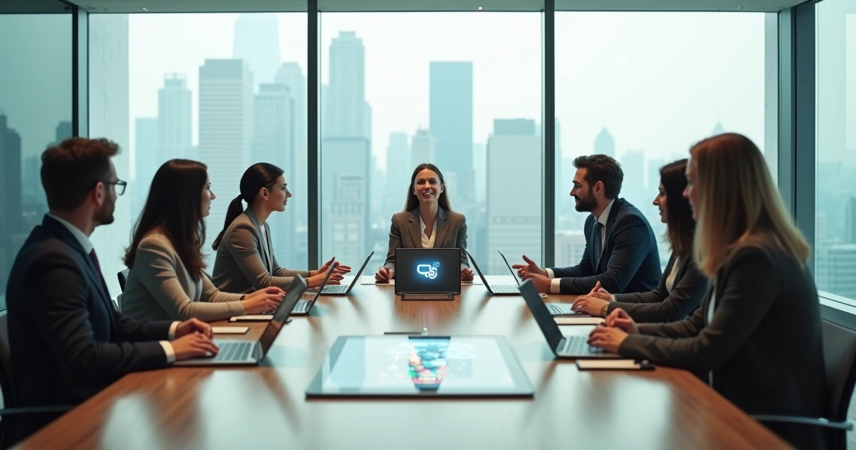 Diverse leadership team in focused discussion around a conference table 