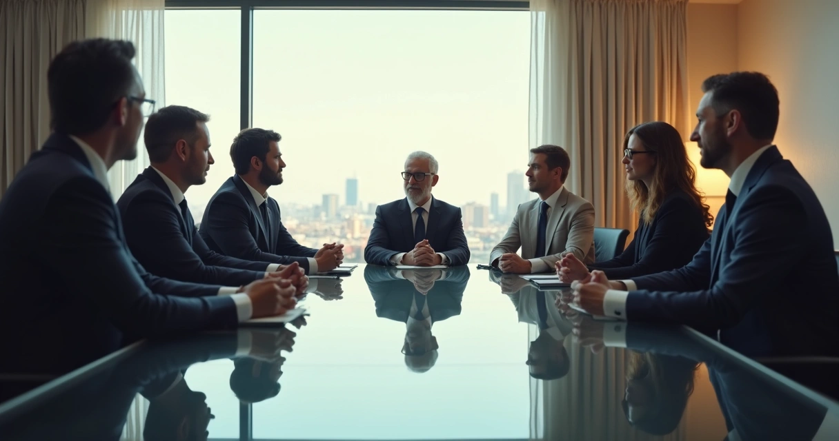 Executives in a meeting discussing surrounded by a calm and focused atmosphere. 
