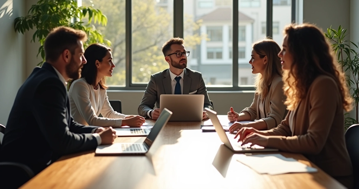 Business team in meeting room discussing with laptops and notes on table