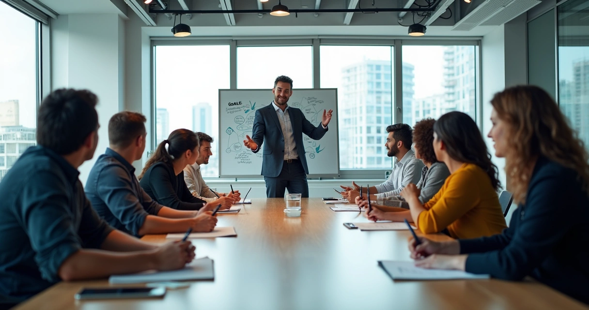 Leader speaking to a team during a discussion session 
