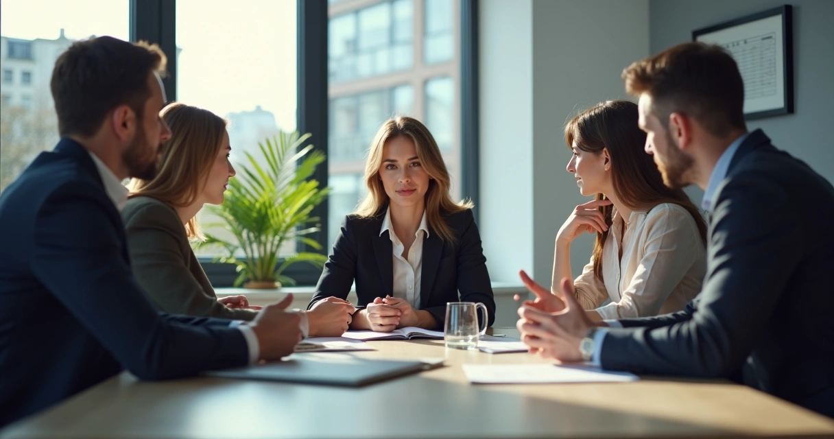 Diverse team in a meeting, leader listening with openness and empathy. 