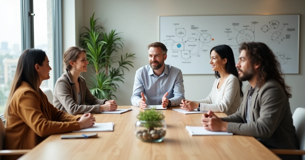 Leadership team in a calm meeting with light connecting lines between them 