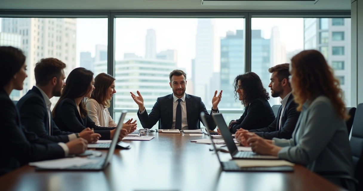 Team of professionals in a meeting room, discussing around a table. 