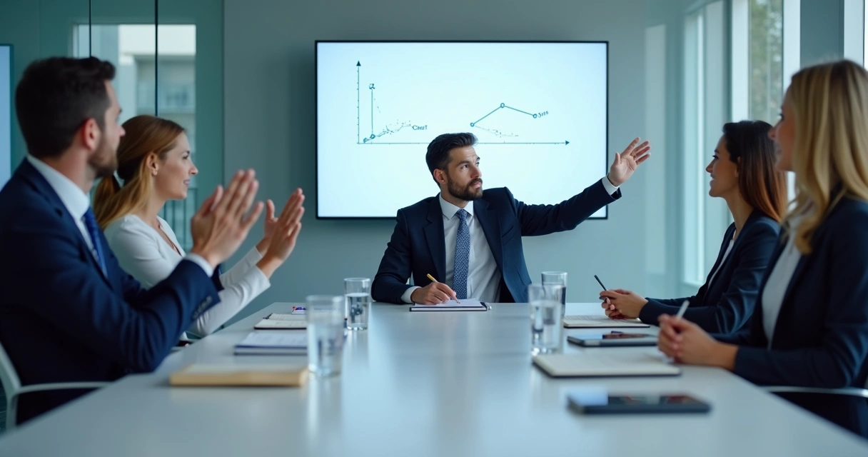 Executive leading focused team meeting in conference room