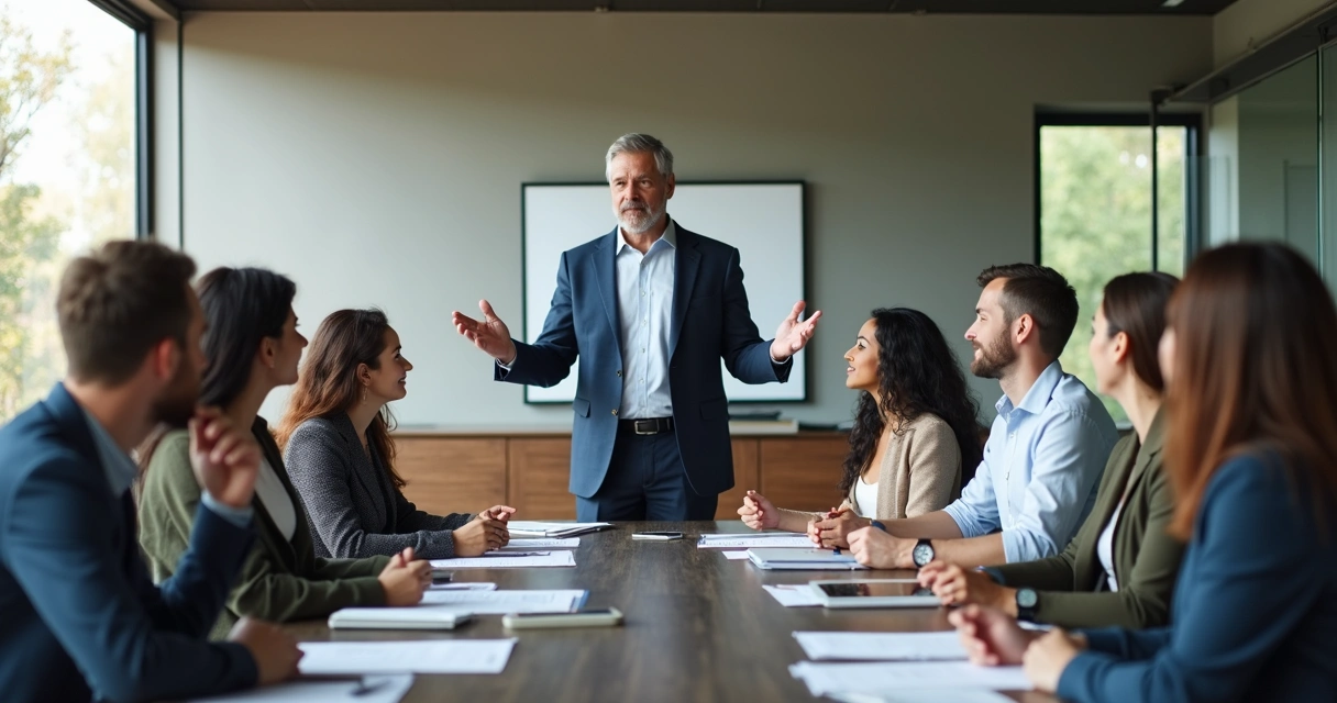 Team in a meeting around a table, leader speaking openly 