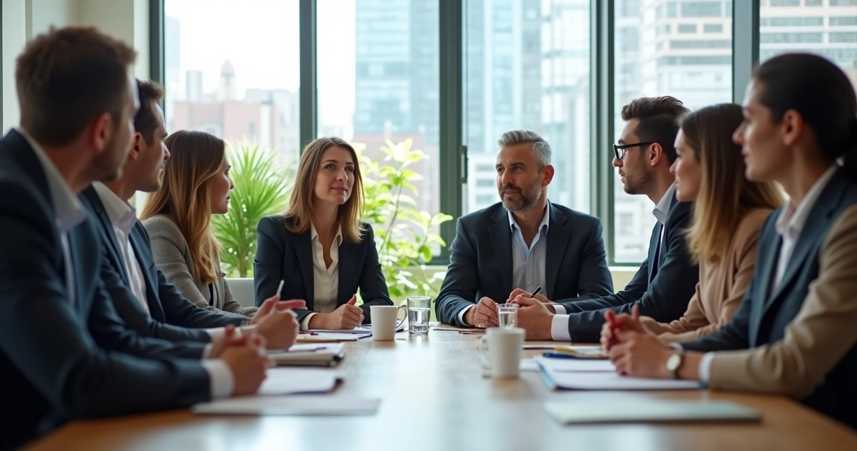 Leadership team sitting at a table engaged in thoughtful discussion