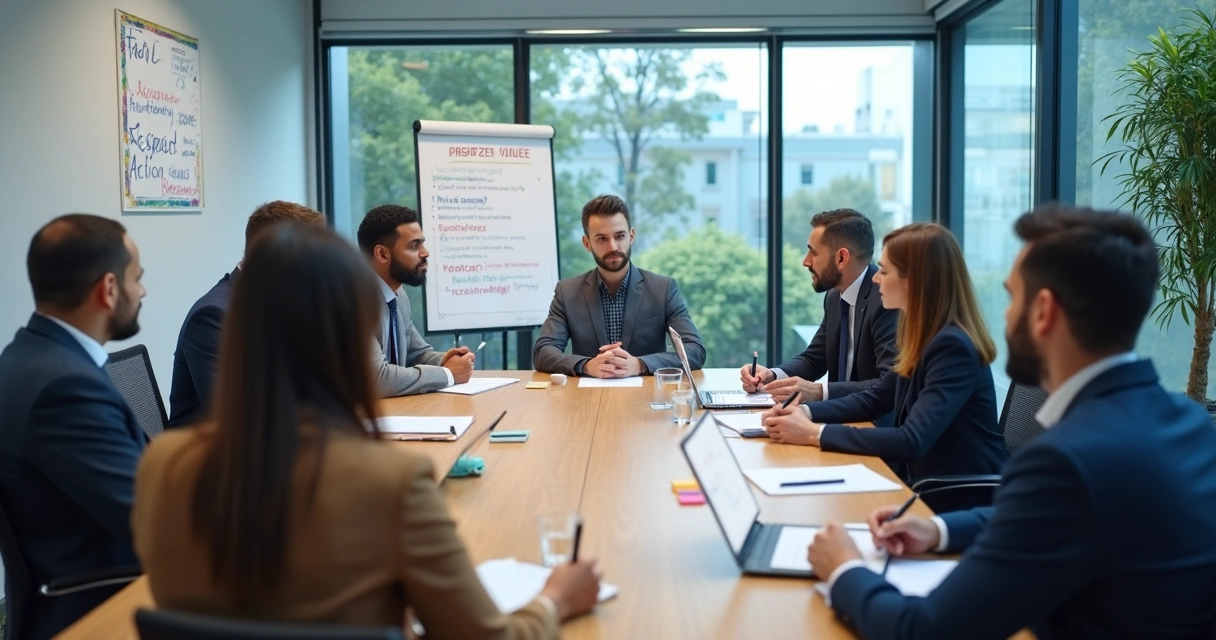 Leadership team discussing values in a meeting room