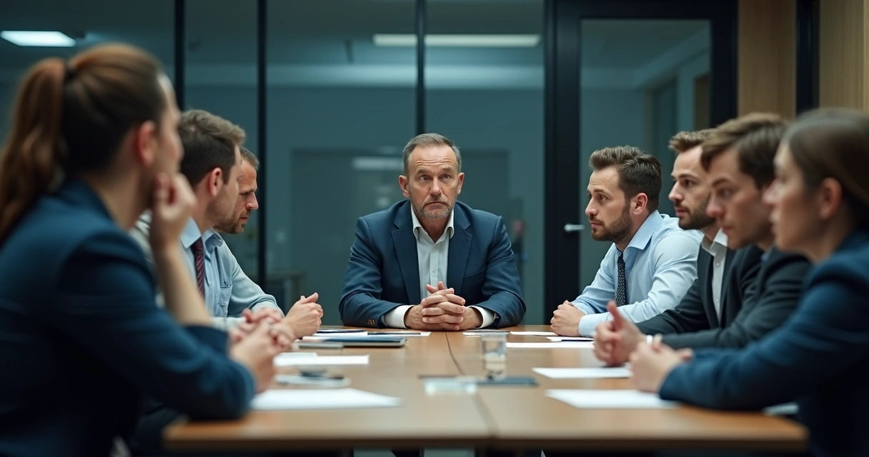 Team meeting around table with tense expressions