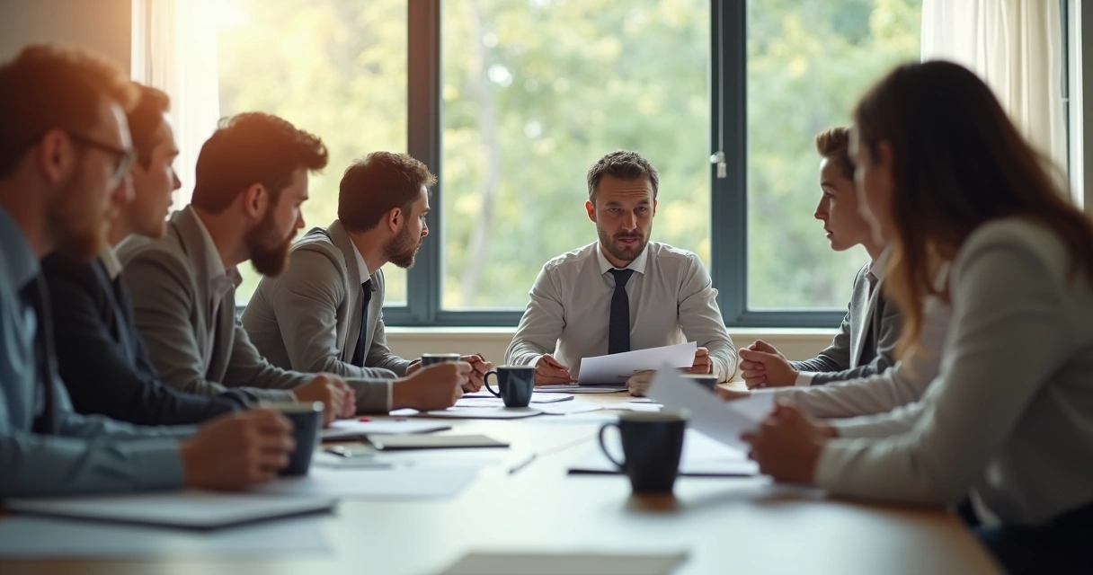 A leader sitting at a desk, surrounded by colleagues with different opinions.