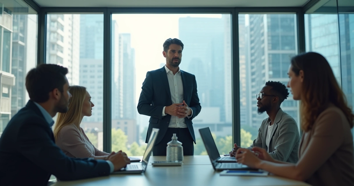 New leader speaking with team in a meeting room 