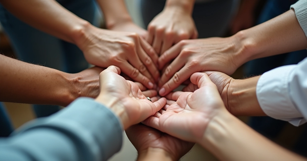 Hands stacking on top of each other in a supportive circle, representing teamwork and trust, with growth charts in the background.