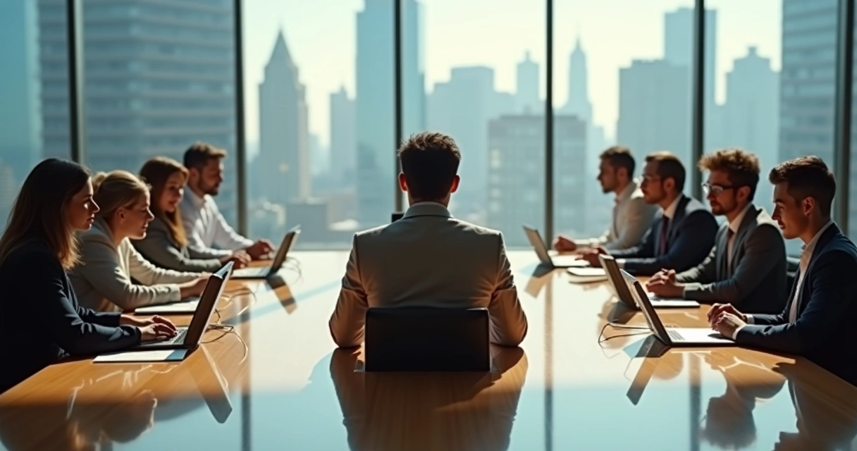 Leader at conference table connected to team by subtle invisible strings 