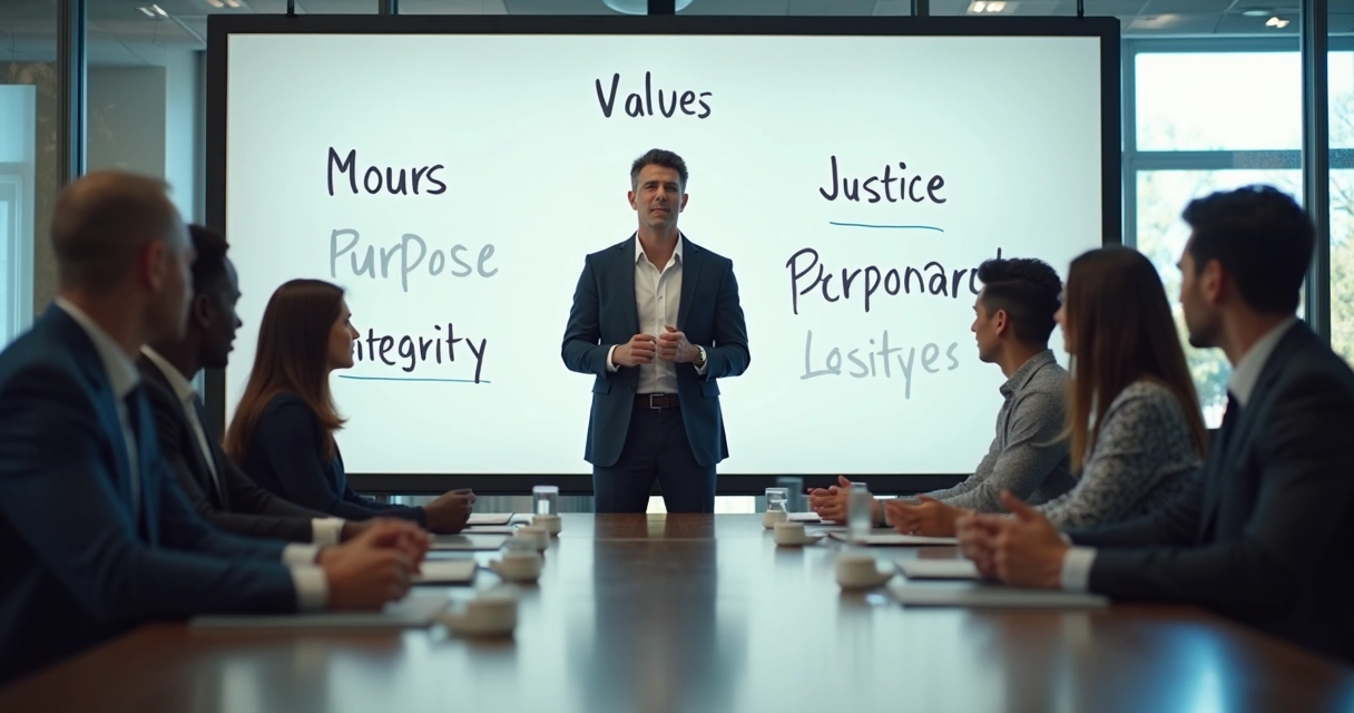 Leader speaking around a table, group listening, values written on whiteboard 