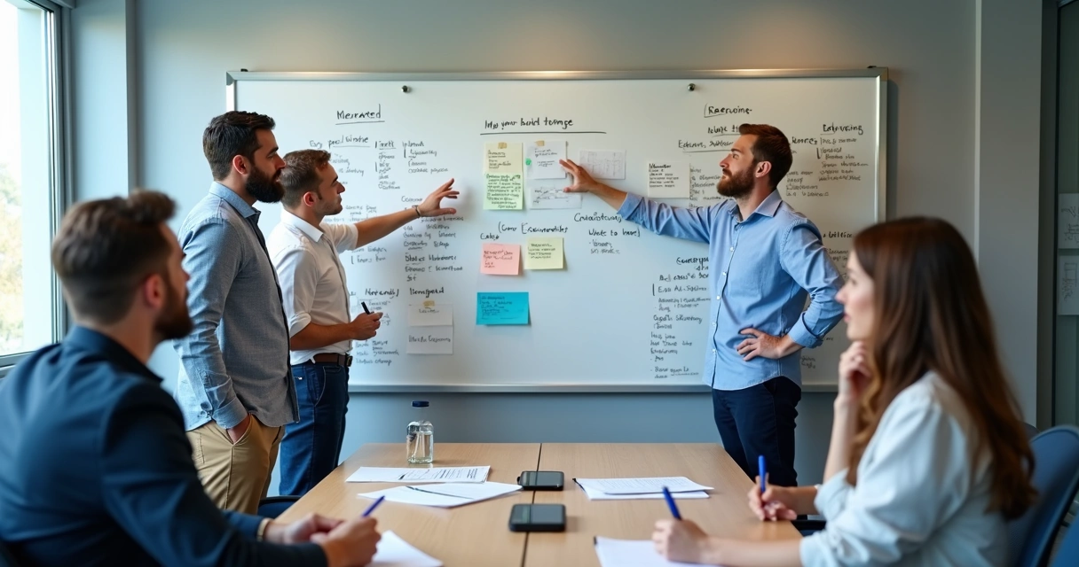 Leadership team in a workshop reviewing company values on a wall