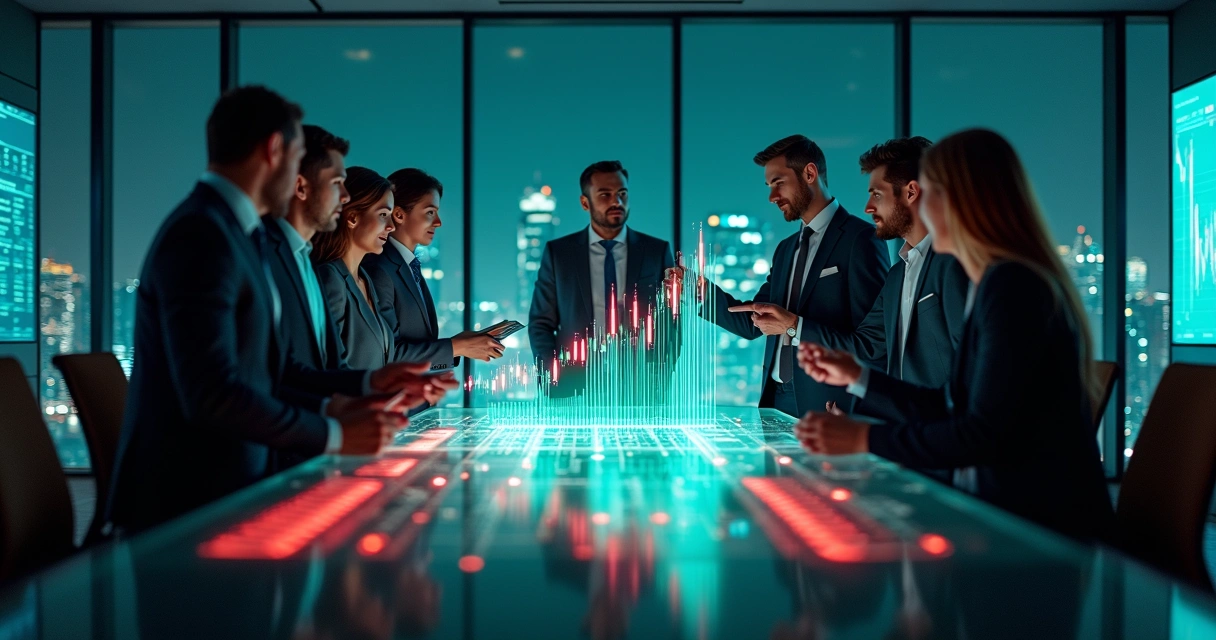 Diverse leaders standing around a glowing market graph in a dark futuristic boardroom 
