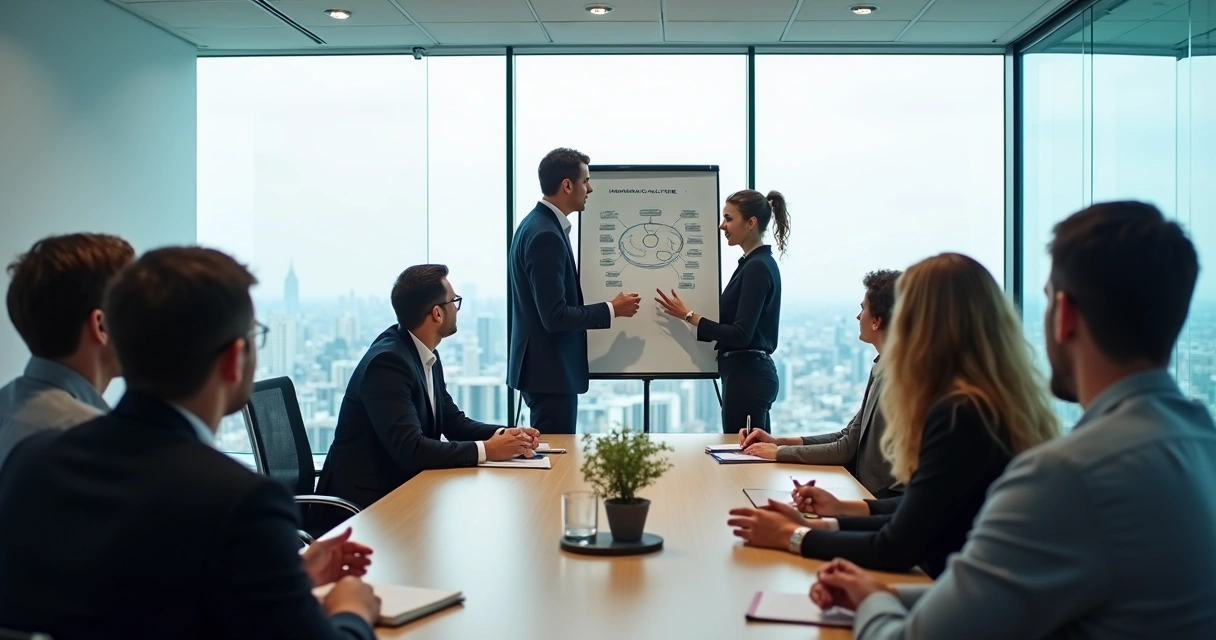 Group attending leadership workshop in office boardroom