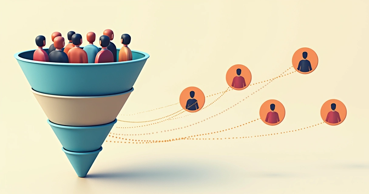 Ícones representando usuários deixando um funil em pontos intermediários